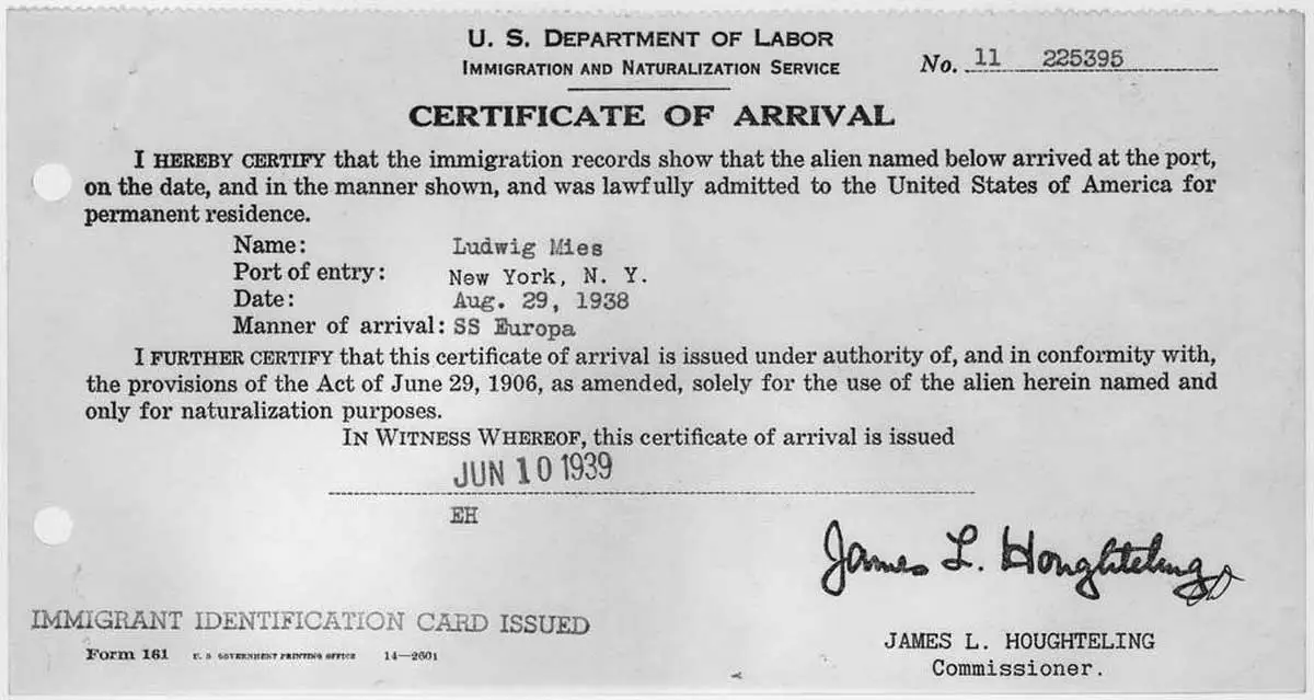 Certificate of Mies van der Rohe’s arrival in New York in 1938