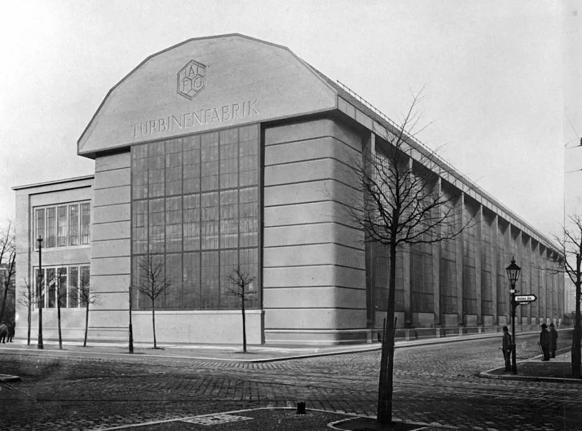 The Turbine Factory, designed by Peter Behrens in 1907, shows the industrialization of architecture at the beginning of the 20th century